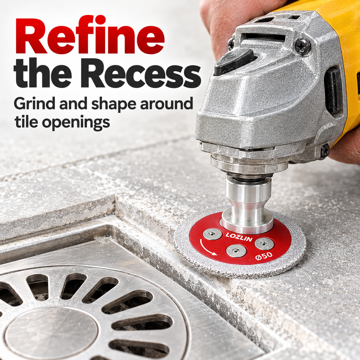 Angle grinder with compact diamond disc working around a tile drain opening