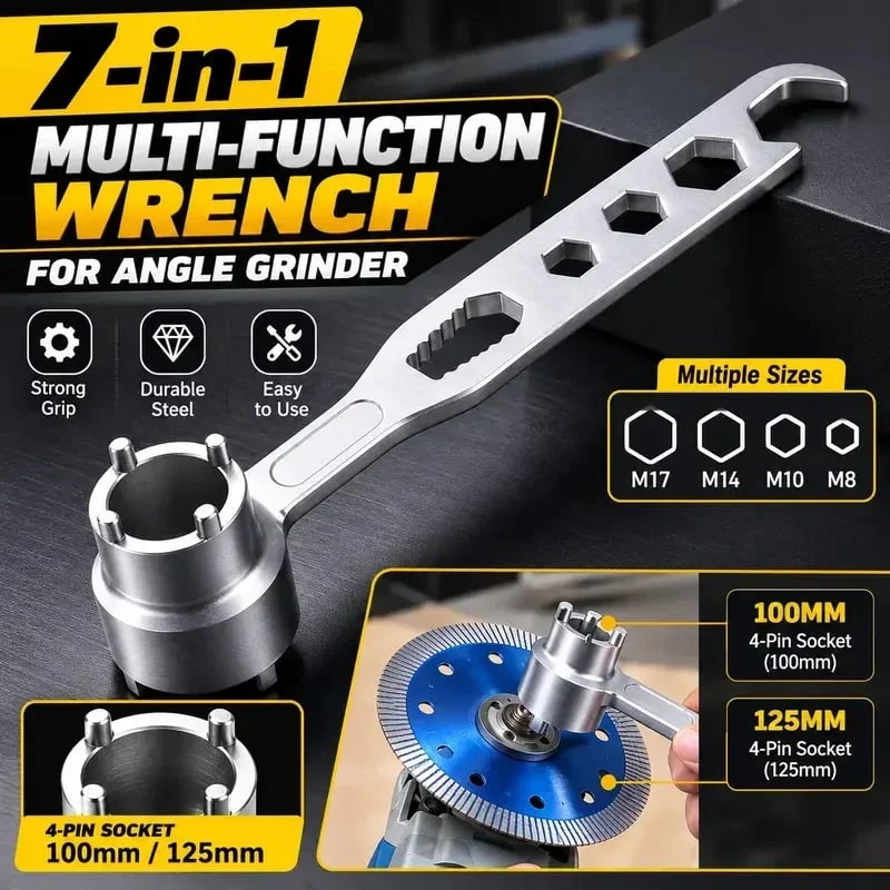 🔥 50% OFF🔥4-Prong Multifunctional Angle Grinder Wrench, Universal Adjustable Spanner for Grinders and Polishers (Single-Ended/Double-Ended)