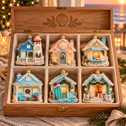 🌊 2026 Coastal Christmas Cottage Ornaments – Set of 6 Beach House Holiday Keepsakes
