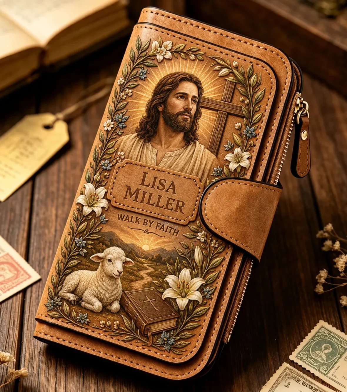 'Walk By Faith' Vintage Leather Clutch Wallet 🕊️ | Jesus & Mary Editions