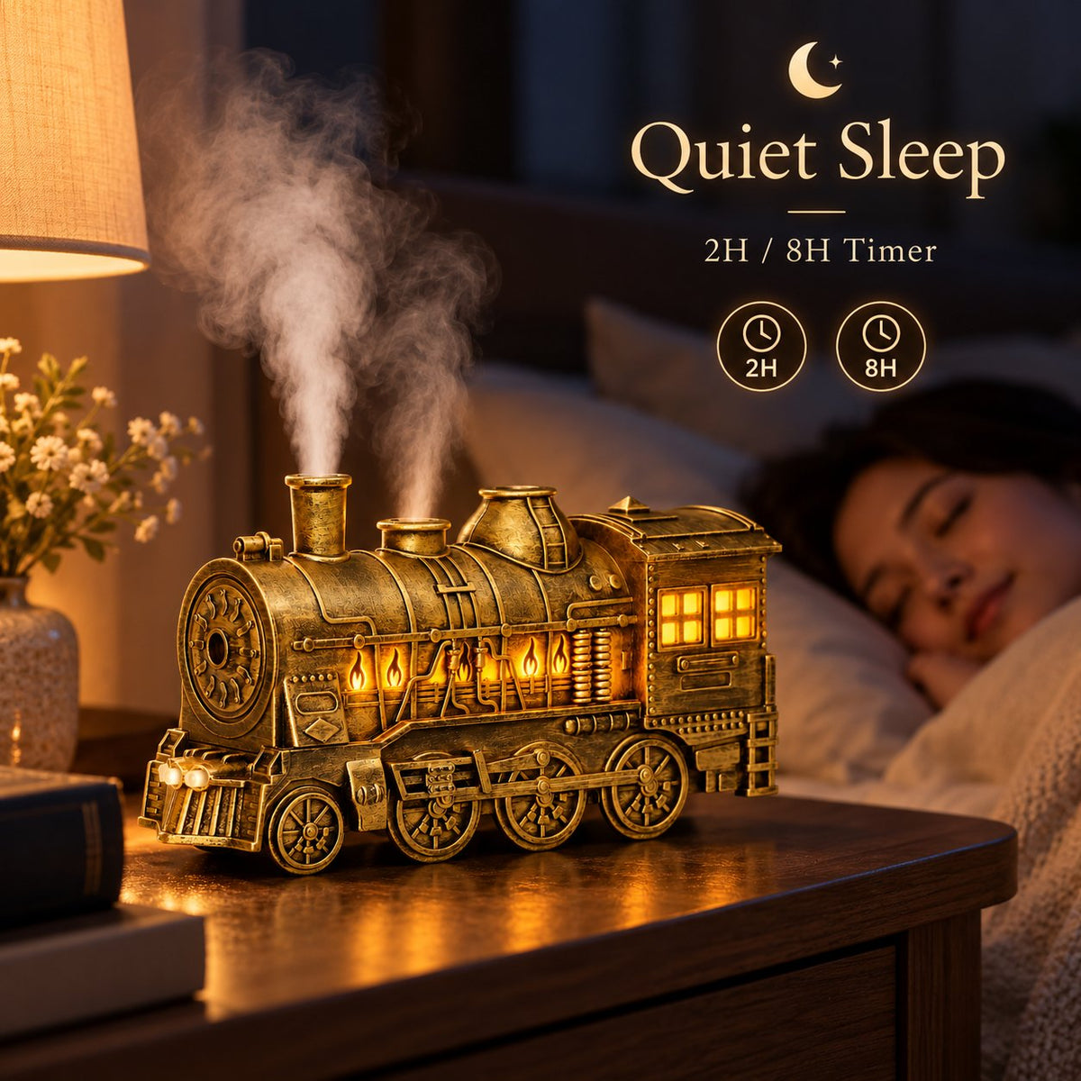 Vintage Steam Train Aromatherapy Diffuser with Simulated Flame Light Decor