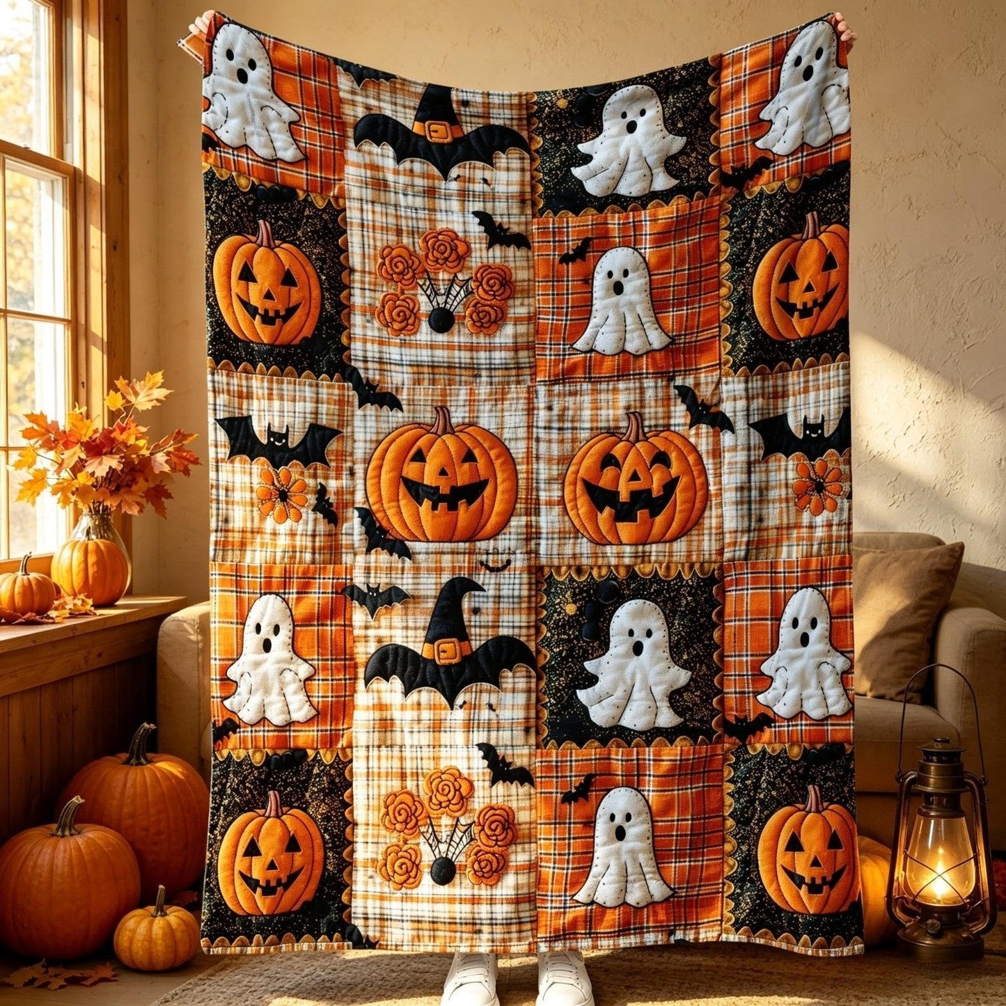 🎃🔥Halloween Pumpkin & Bat Flannel Throw Blanket, Soft Lightweight Cozy Blanket for Sofa & Bed