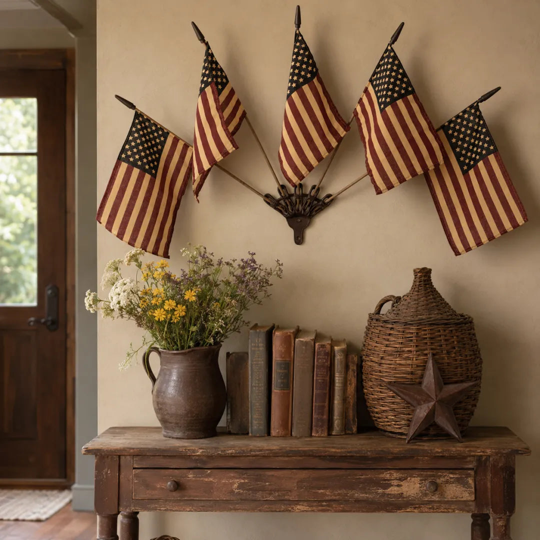 Five Tea-Stained Flags In A Rustic Cast Iron Wall Display