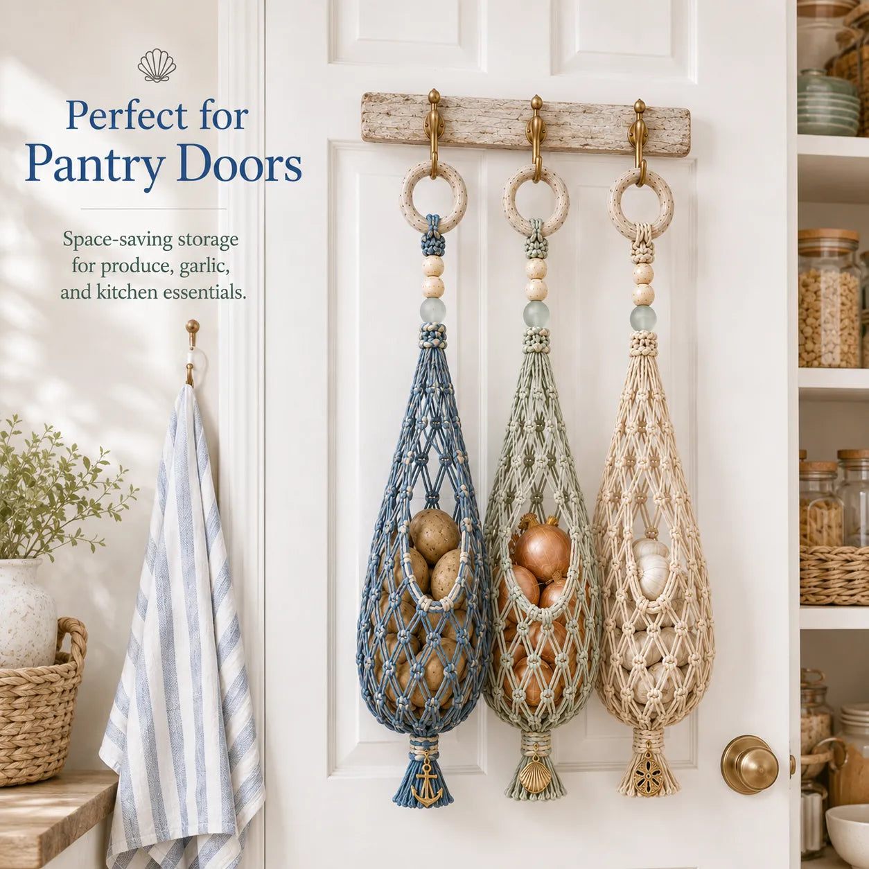 🌊 Coastal Hanging Produce Storage – Handwoven Breathable Organizer with Easy Side Access