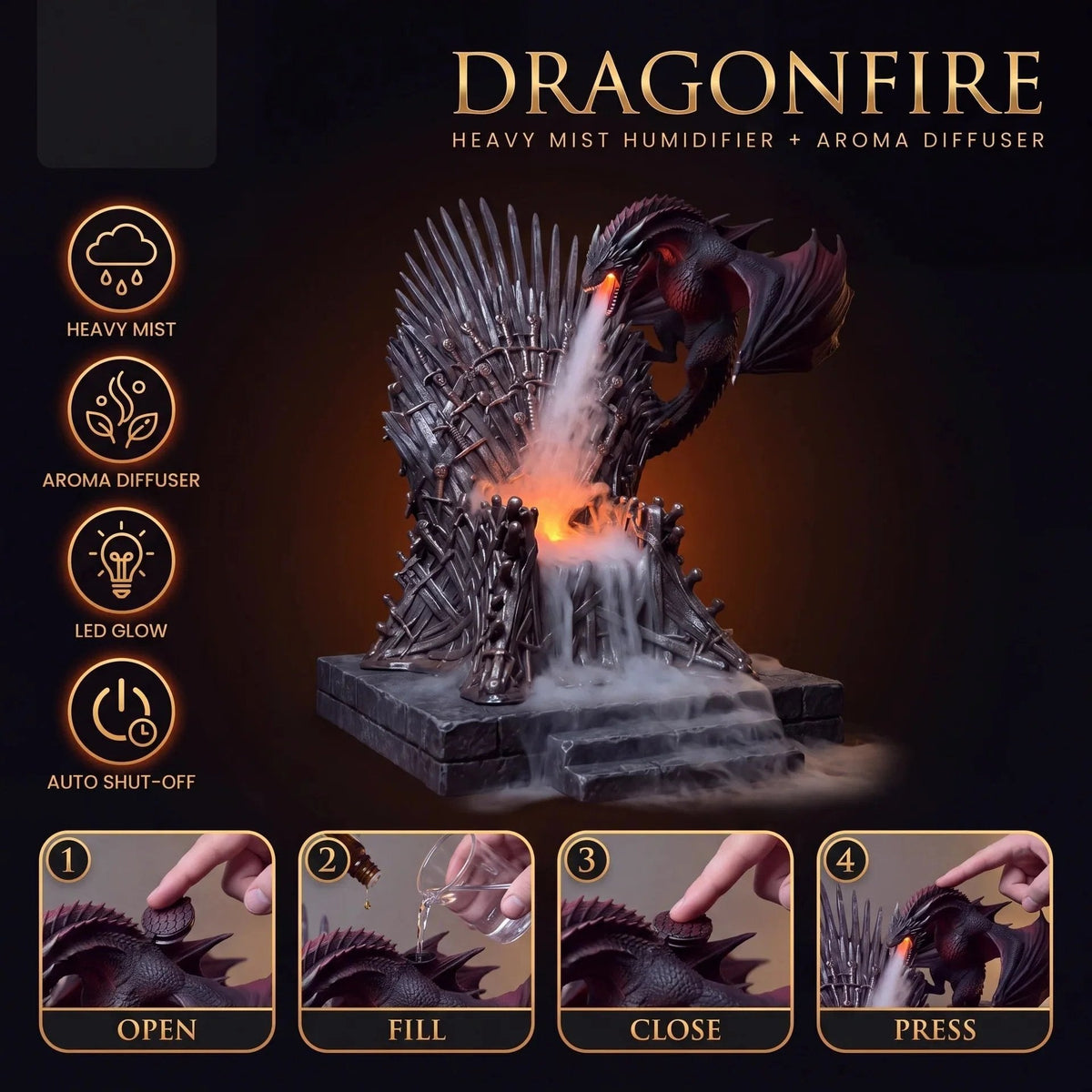 🐉 Dragon’s Breath Mist Diffuser – LED Fantasy Throne Decoration