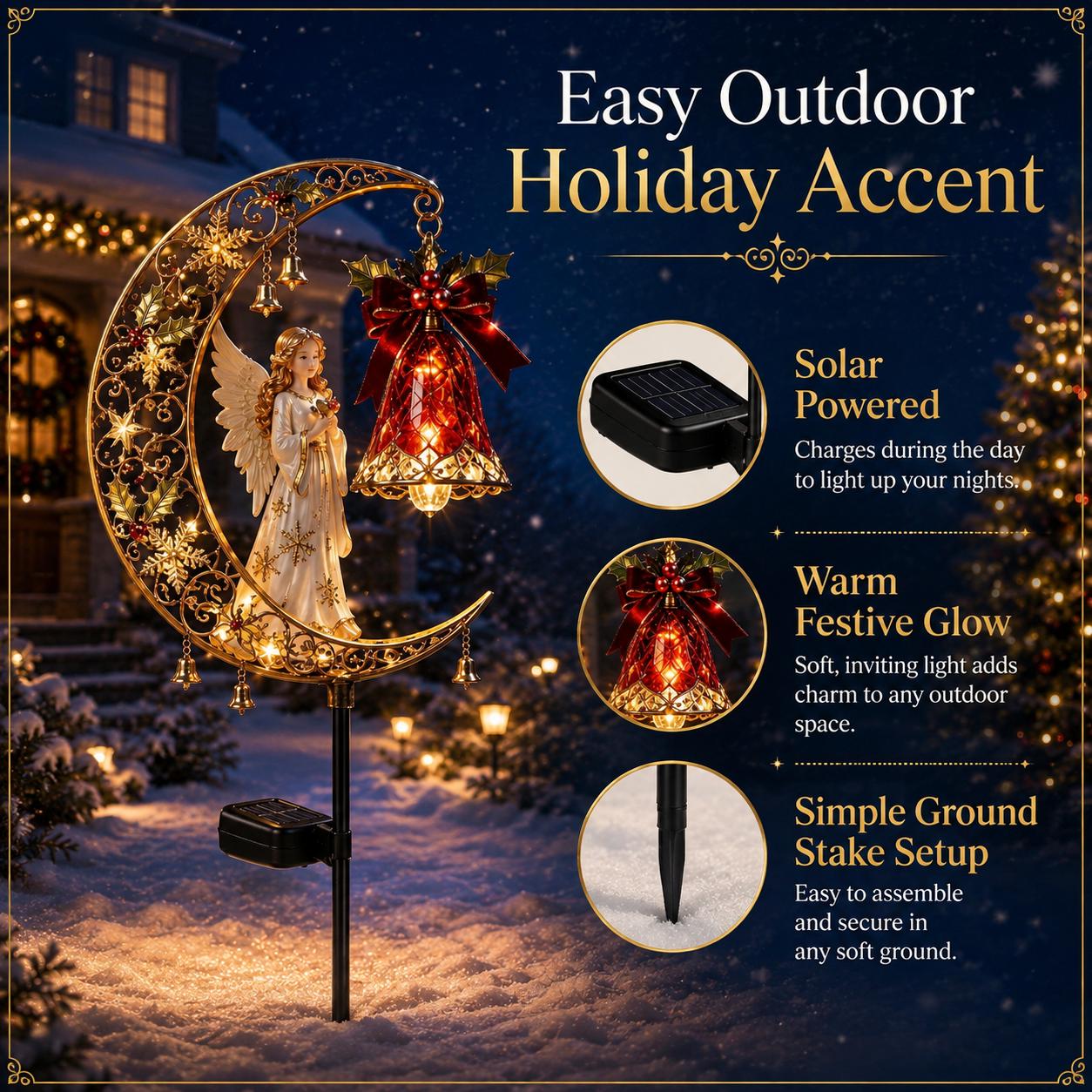 Festive crescent moon character garden stake design
