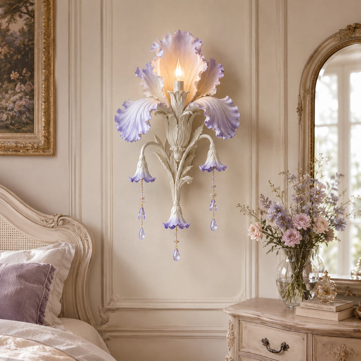 🌸 Enchanted Iris Bloom Wall Sconce | Floral LED Botanical Wall Light with Crystal Drops 💎
