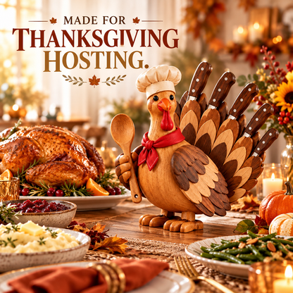 🦃 Wooden Turkey Knife Holder – Thanksgiving Kitchen Counter Decor