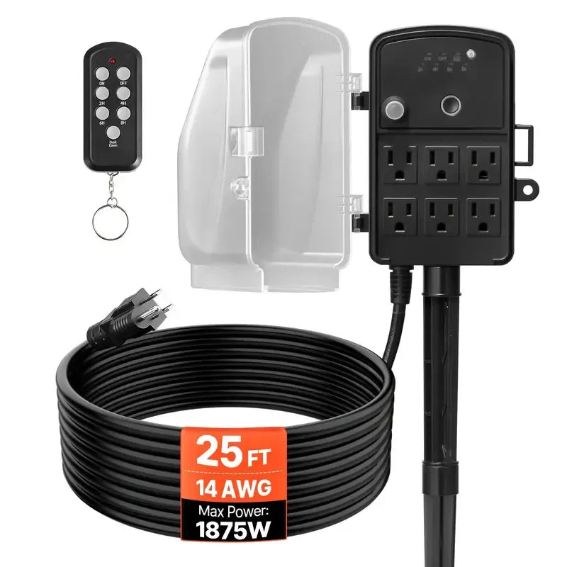 Outdoor Power Stake with 25FT Extension Cord – Weatherproof Outlet Strip with Protective Cover – Remote Control & Dusk to Dawn Light Timer for Christmas Lights 🏡✨