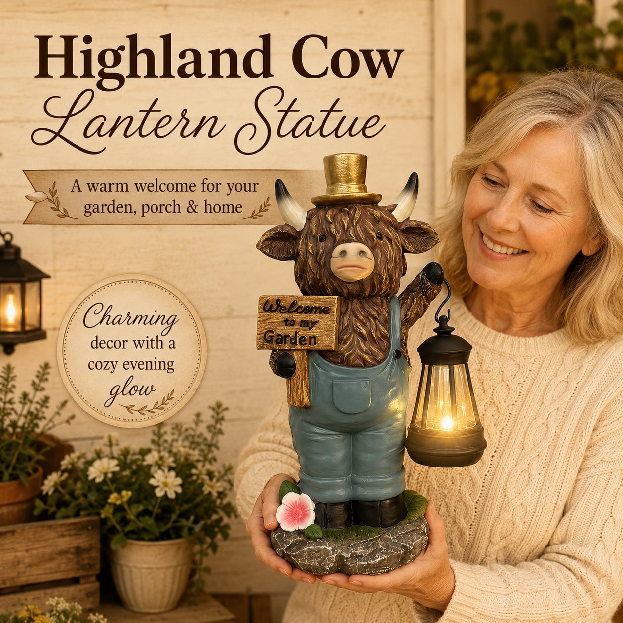 🐮Handcrafted Highland Cow Solar Garden Lantern Statue