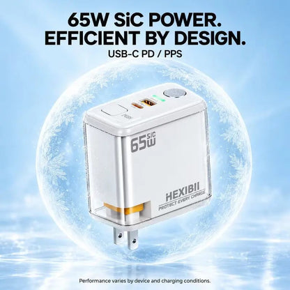 ⚡ HEXIBII 65W SiC Fast Wall Charger with Auto Power-Off – Dual USB-C & USB-A Charger Block for MacBook Pro, iPhone 18/17/16/15 & Galaxy