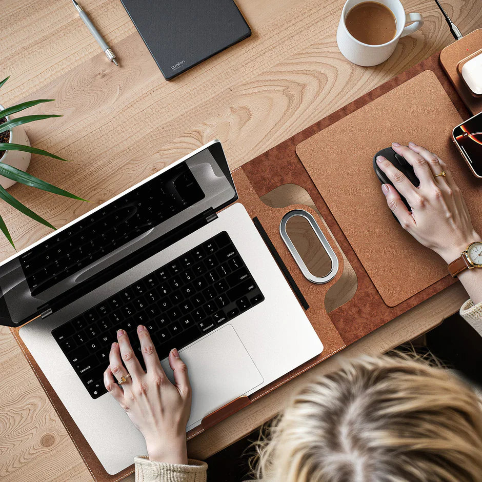 The All-In-One Mobile Workstation Sleeve | Built-In 15W Multi-Device Wireless Charger, Ergonomic Laptop Stand & Mousepad (Fits up to 16")