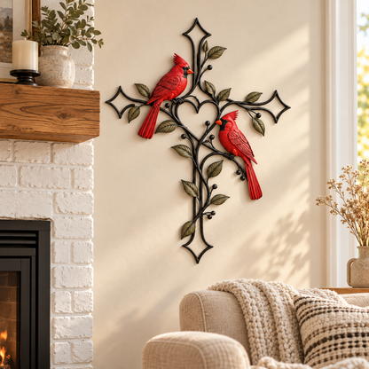 ❤️🐦 Love Stays Close – Cardinal Heart Cross Wall Decor