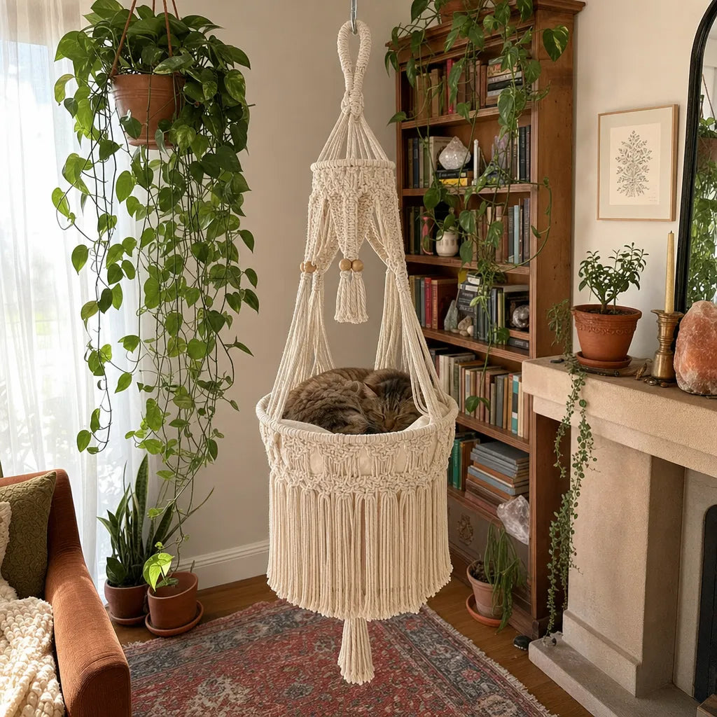 Handmade Cotton Rope Hanging Cat Hammock & Artistic Swing Nest Boho Suspended Cat Bed for Window, Wall & Home Decor