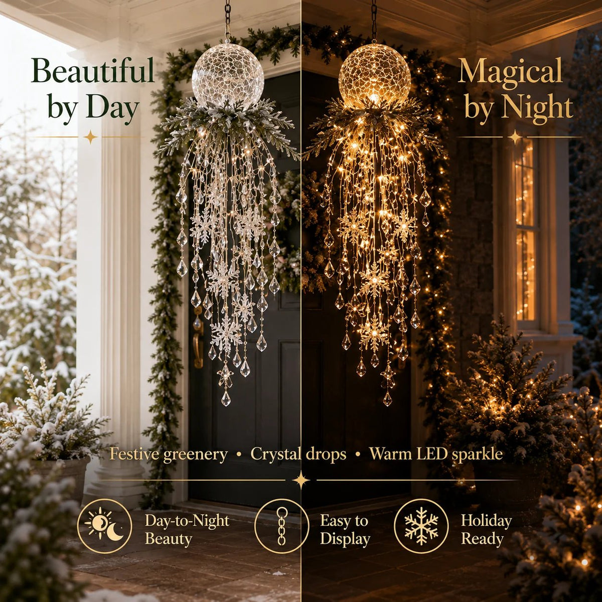 Crystal Cascade Christmas Light™ – Hängende LED-Veranda-Deko: Schneeflocke & Kristalle ✨❄️