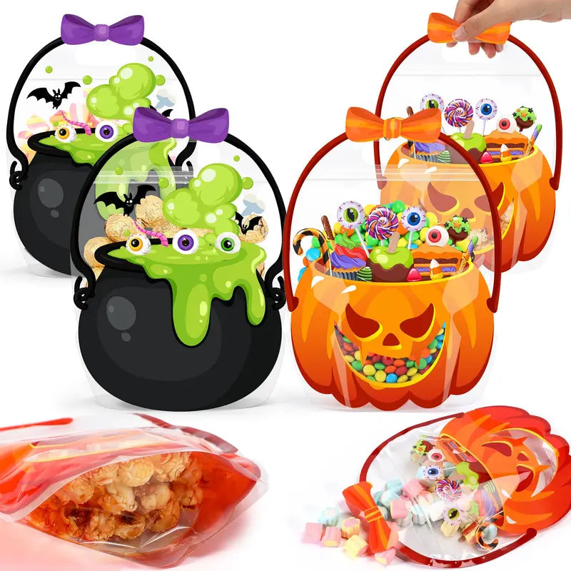 24/50 Pcs Halloween Goodie Bags Plastic Candy Bag Trick or Treat Bags with Cauldron Skeleton black Cat Skull Pumpkin Design,Treat Bags for Student Teacher Colleagues Neighbors,Classroom Snack Storage for Halloween Birthday Party Favor Supplies