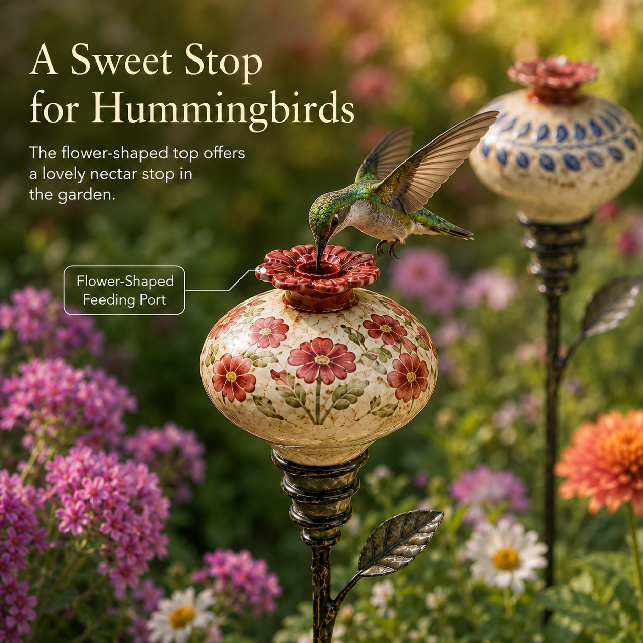 Hummingbird using flower shaped feeding port