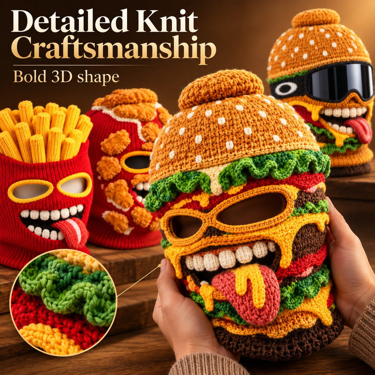 Novelty Food Print Knit Face Cover, Cozy Winter Headgear for Snow Sports & Costume Events