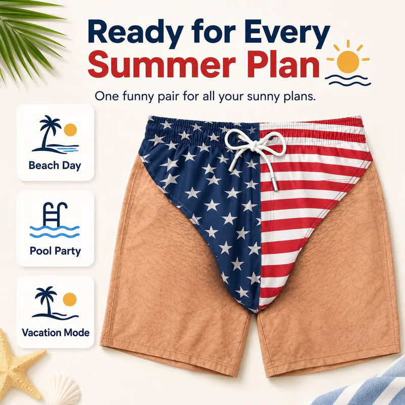 "Freedom & Chill" Funny Illusion Patriotic Men's Swim Trunks
