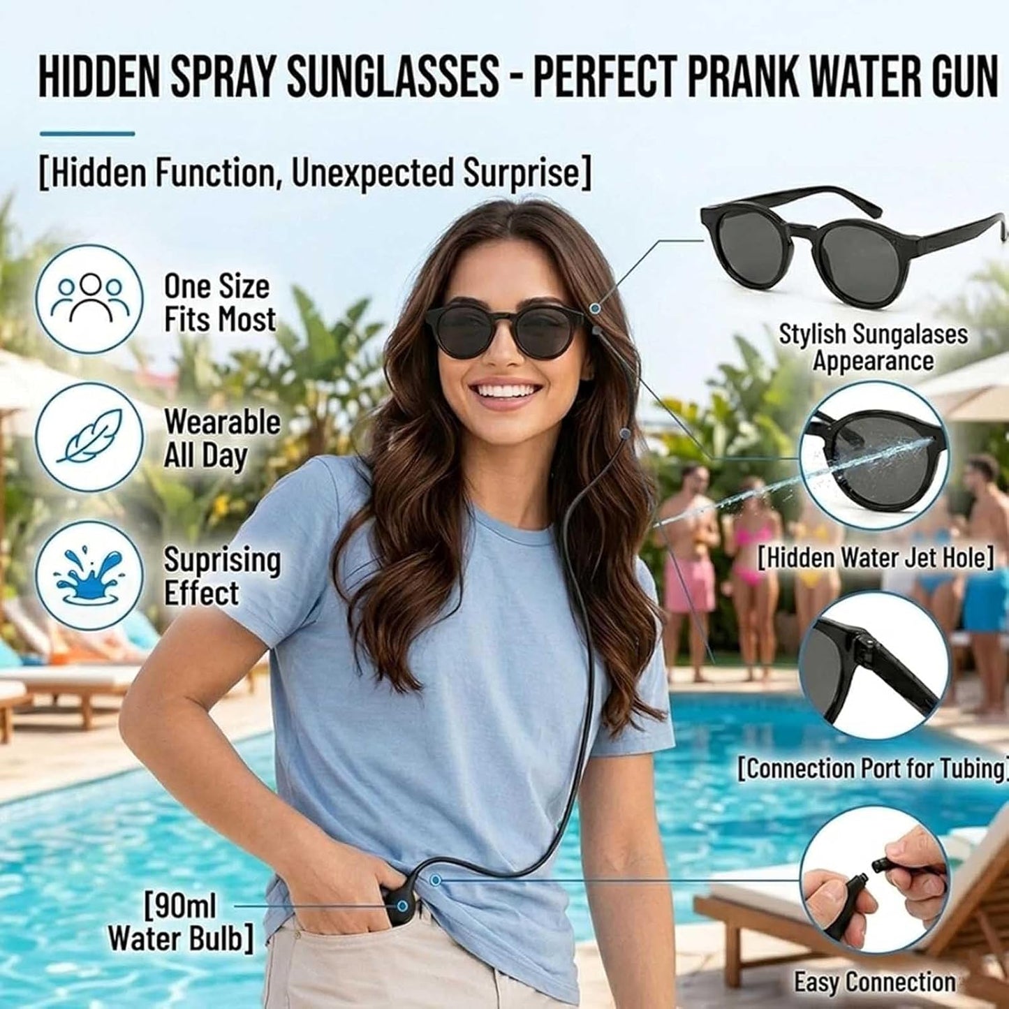 Hidden Squirt Sunglasses with 90ml Refillable Water Reservoir - Fun Water Shooting Glasses for Summer Parties & Beach Gag Gifts