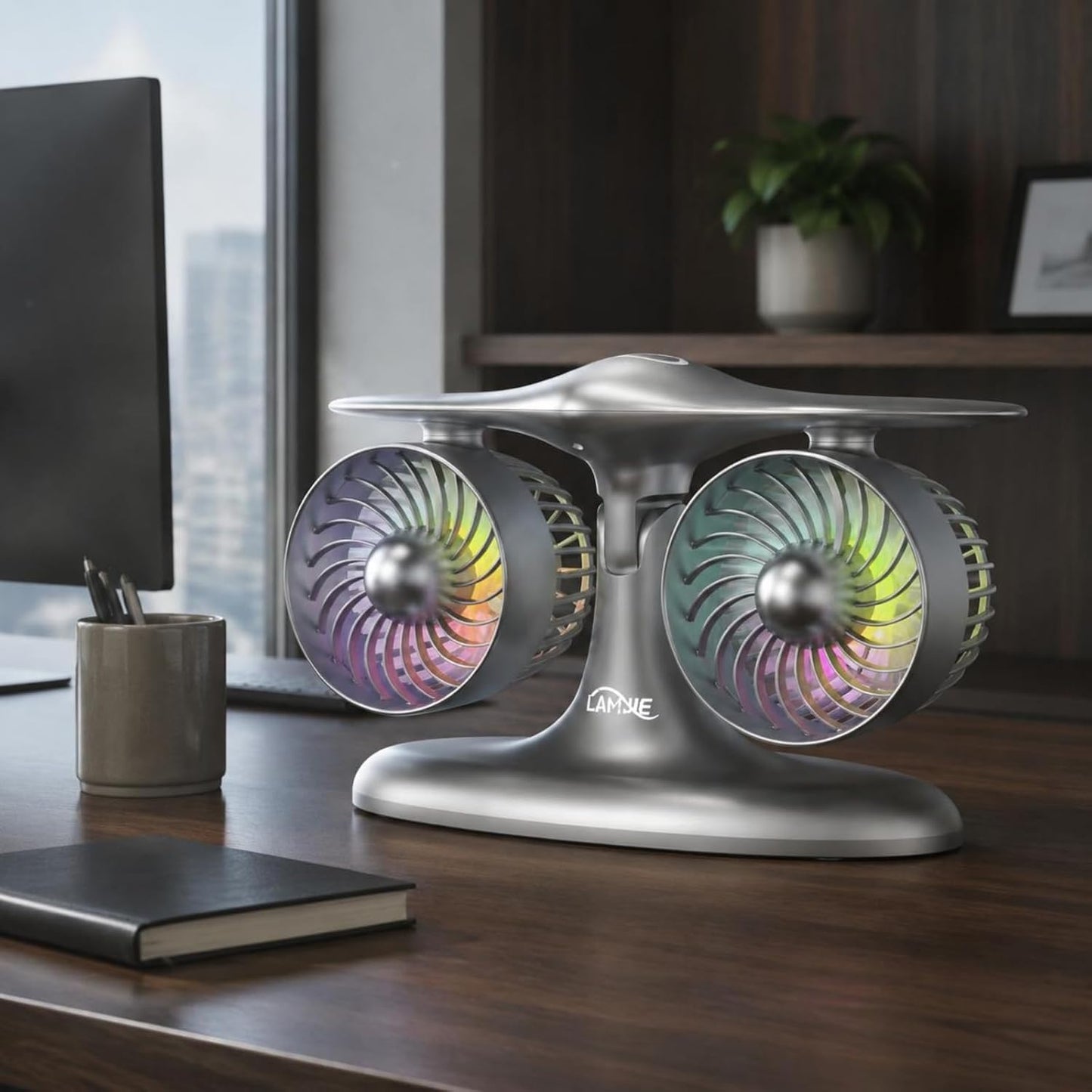 Desktop TwinFan - Compact Double Turbine Desk Fan with RGB Ambient Light for Office & Study