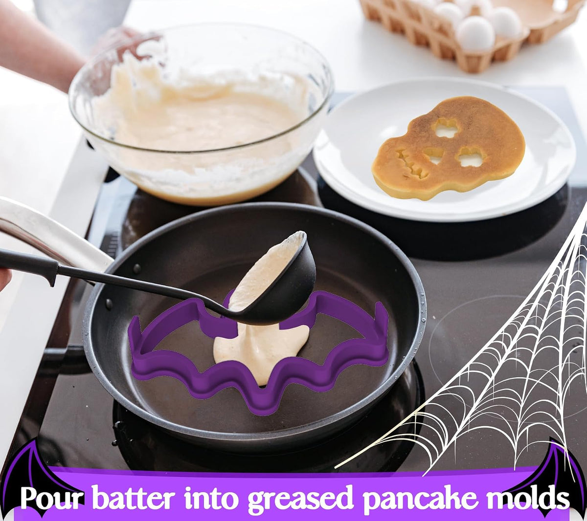 Halloween Silicone Pancake Molds for Skull, Ghost, Bat, and Pumpkin-Shaped Pancakes