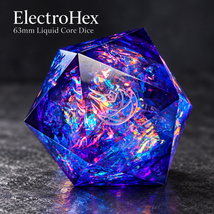 🎇 ElectroHex 63mm Giant D20 Liquid Core Dice | Handmade Resin Chonk D20 Dice, Holographic Iridescent Purple Blue Large Dice for D&amp;D, Tabletop RPG, Collector’s Display