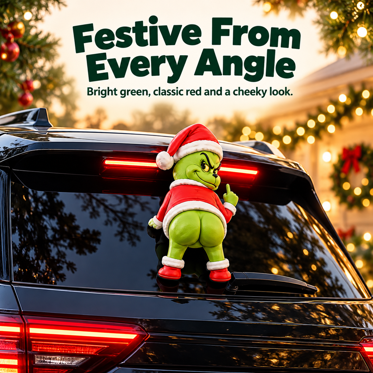Close-up of the Christmas character ornament fitted to a vehicle rear window