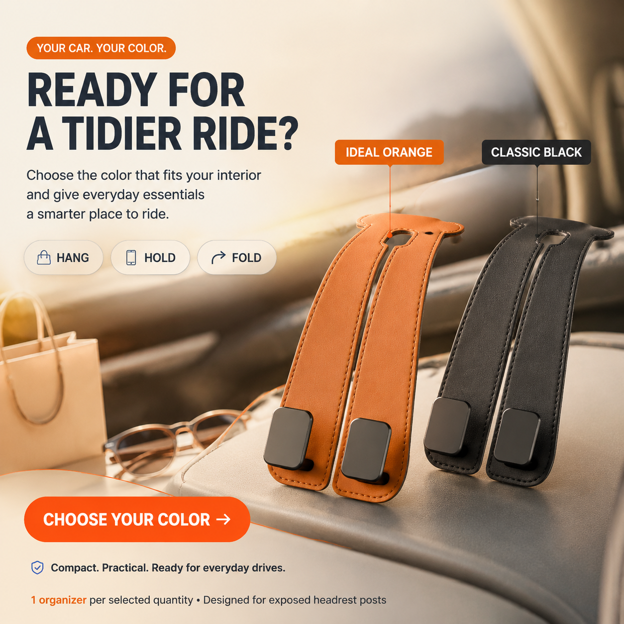 🚗Foldable Dual-Hook Car Headrest Organizer & Phone Holder