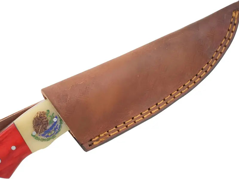 Old Ram Handmade "Mexico Flag" 8" Fixed Blade Knife, 4" Bone & Wood Handle, With Leather Carrying Case