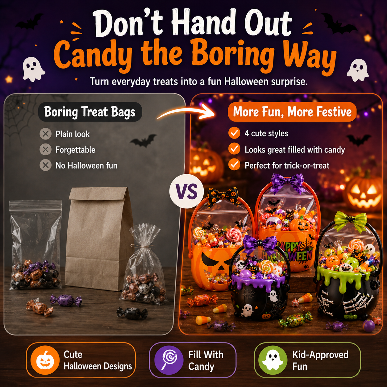 🎃 Halloween Trick-or-Treat Candy Bag – Cute Pumpkin & Witch Cauldron Treat Gift Tote