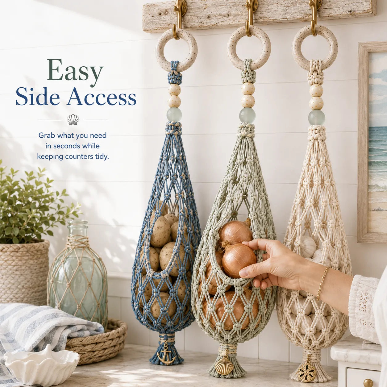 🌊 Coastal Hanging Produce Storage – Handwoven Breathable Organizer with Easy Side Access