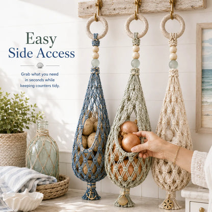 🌊 Coastal Hanging Produce Storage – Handwoven Breathable Organizer with Easy Side Access