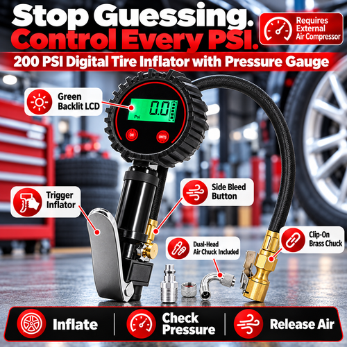 🚗 200 PSI Digital Tire Inflator Gauge – 3-in-1 Air Chuck, Pressure Gauge & Bleeder