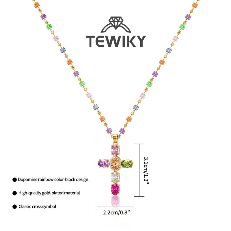 🌈 Rainbow Crystal Cross Pendant Necklace, Dopamine Colorful Beaded Gold Plated Clavicle Chain for Women