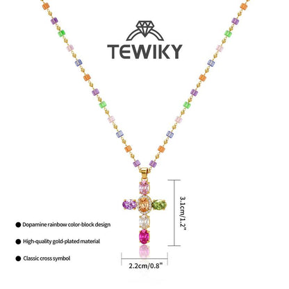 🌈 Rainbow Crystal Cross Pendant Necklace, Dopamine Colorful Beaded Gold Plated Clavicle Chain for Women