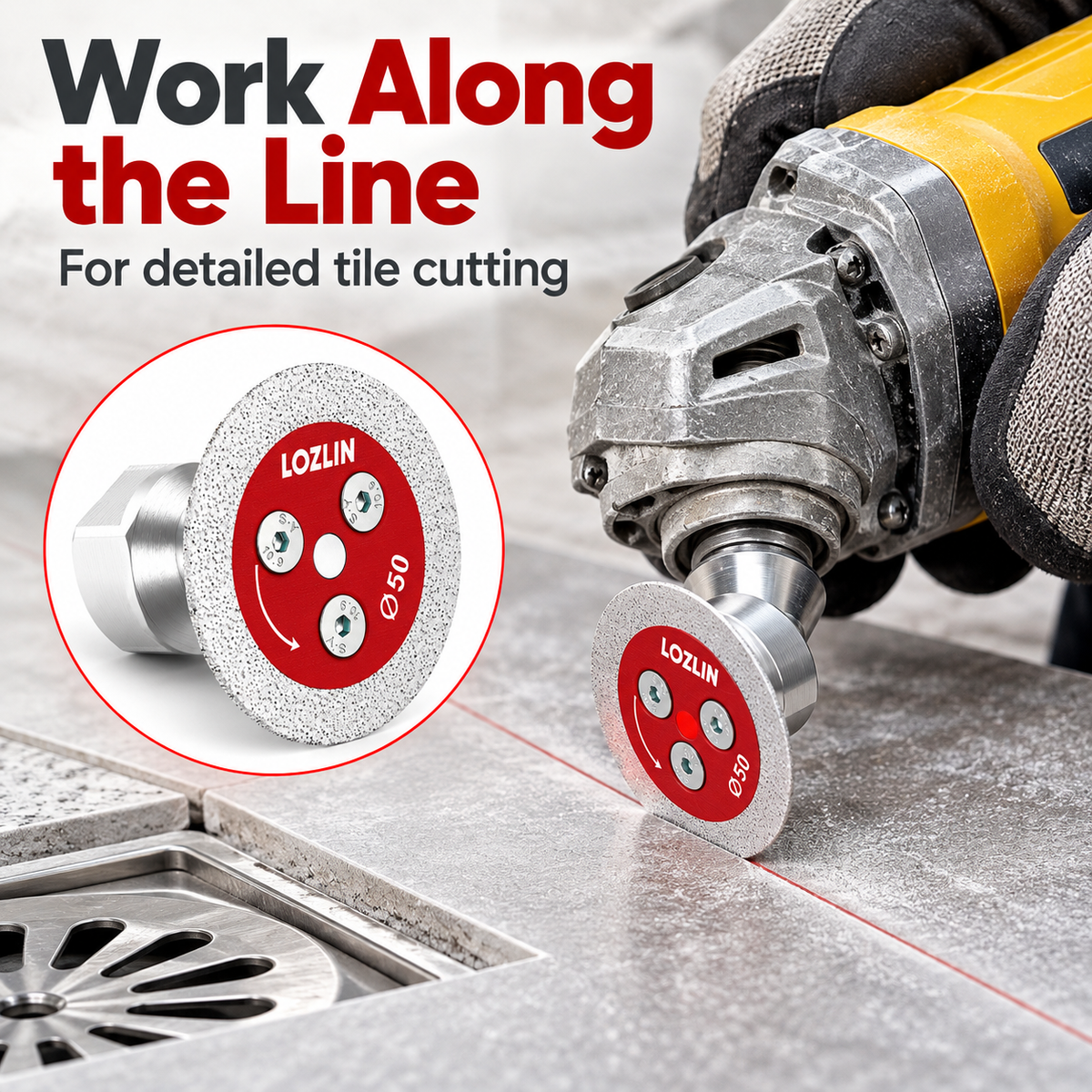 Compact diamond cutting disc shown alongside a tile cutting line