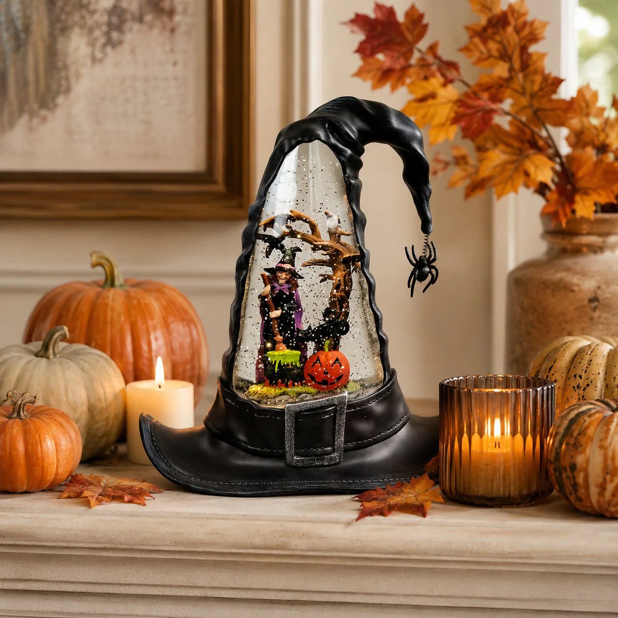 Witches Hat Lighted Water Lantern With Swirling Glitter