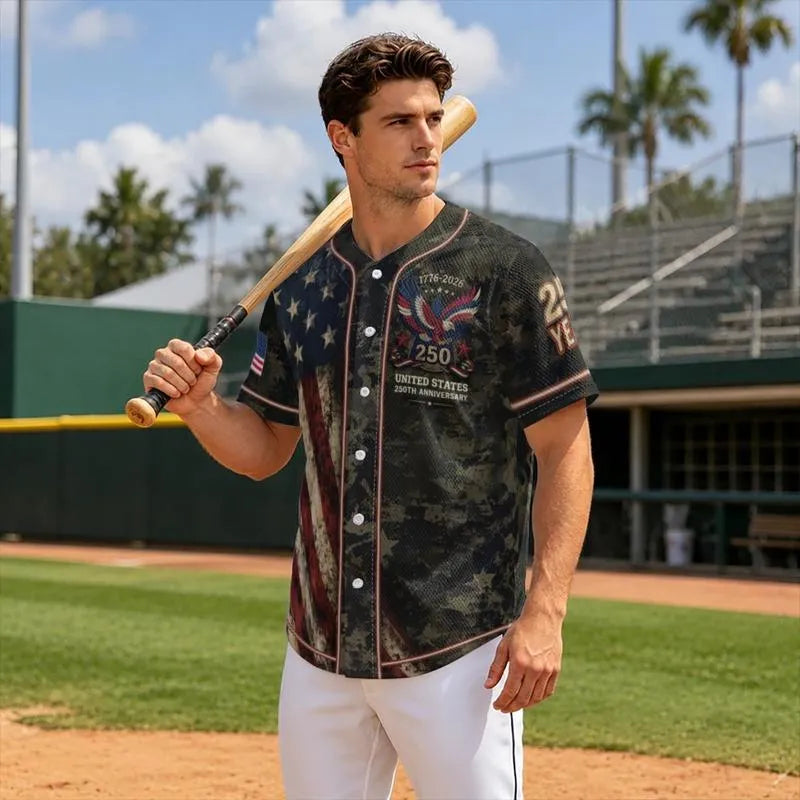 Men's USA 250th Anniversary Baseball Jersey Patriotic American Flag Eagle Button Down Shirt 1776-2026
