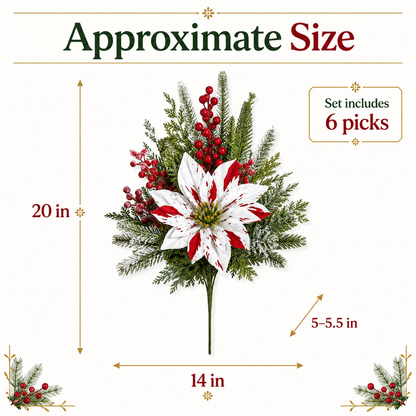 ❤️ Christmas Poinsettia Planter Inserts – Set of 6 Red & White Holiday Floral Picks