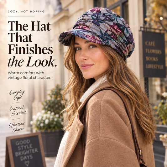 Ruched Floral Newsboy Cap — Soft Brim, Vintage Floral, 4 Colors | Black Grey Blue Red