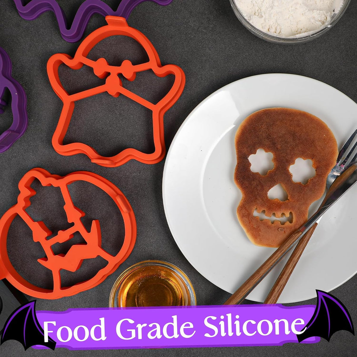 Halloween Silicone Pancake Molds for Skull, Ghost, Bat, and Pumpkin-Shaped Pancakes