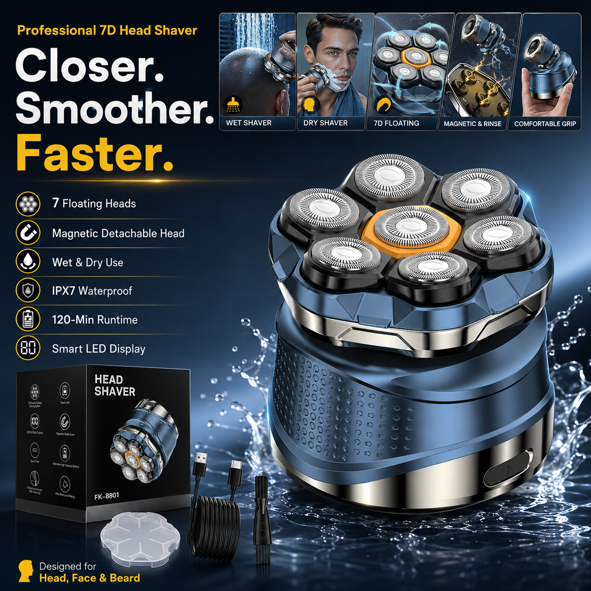 Free Shipping🔥 7D Electric Head Shaver for Men | Wet & Dry Rotary Razor