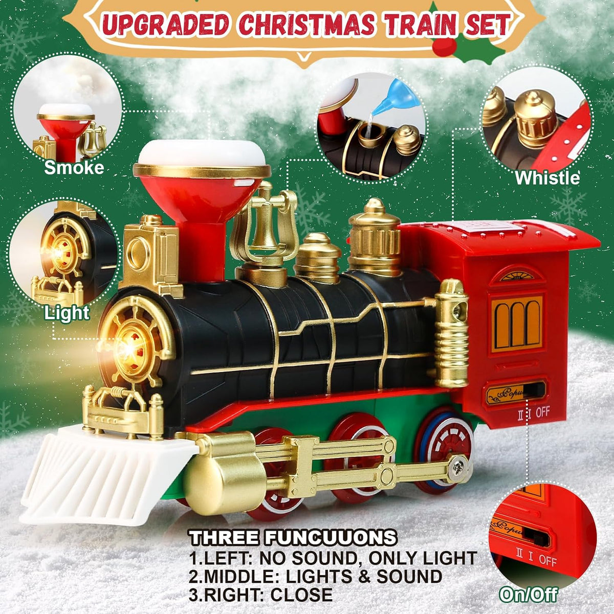 Christmas Train Set - Hanging Train Toys Around Under The Christmas Tree w/Smoke, Whistle (Turn on/Off) & Lights