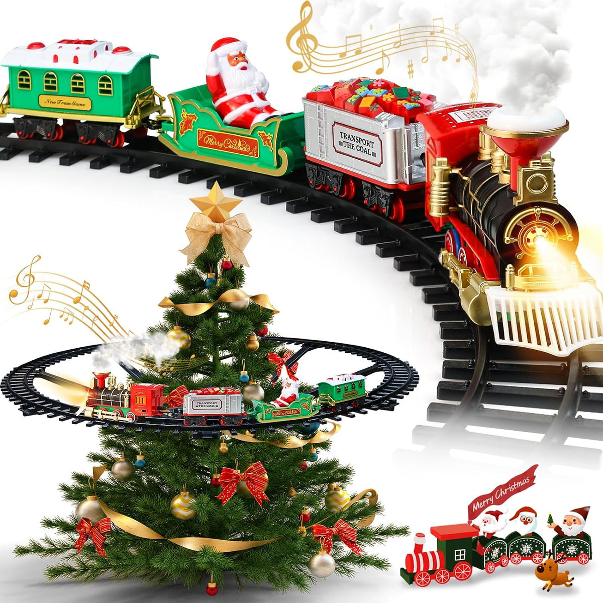 Christmas Train Set - Hanging Train Toys Around Under The Christmas Tree w/Smoke, Whistle (Turn on/Off) & Lights