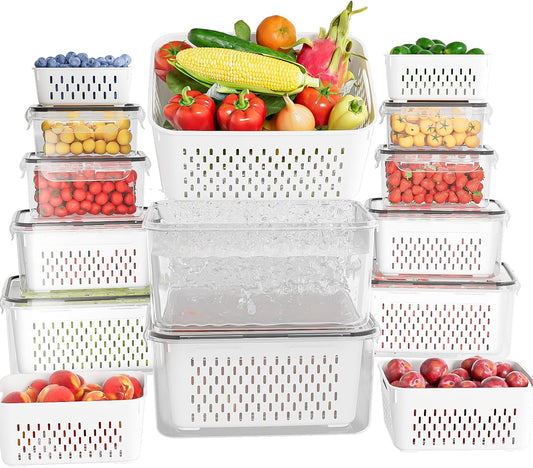 🍓 KEMETHY Produce Storage Containers with Drain Basket | Airtight Leakproof | BPA-Free Fridge Organizer | Keep Fruits & Veggies Fresh Longer