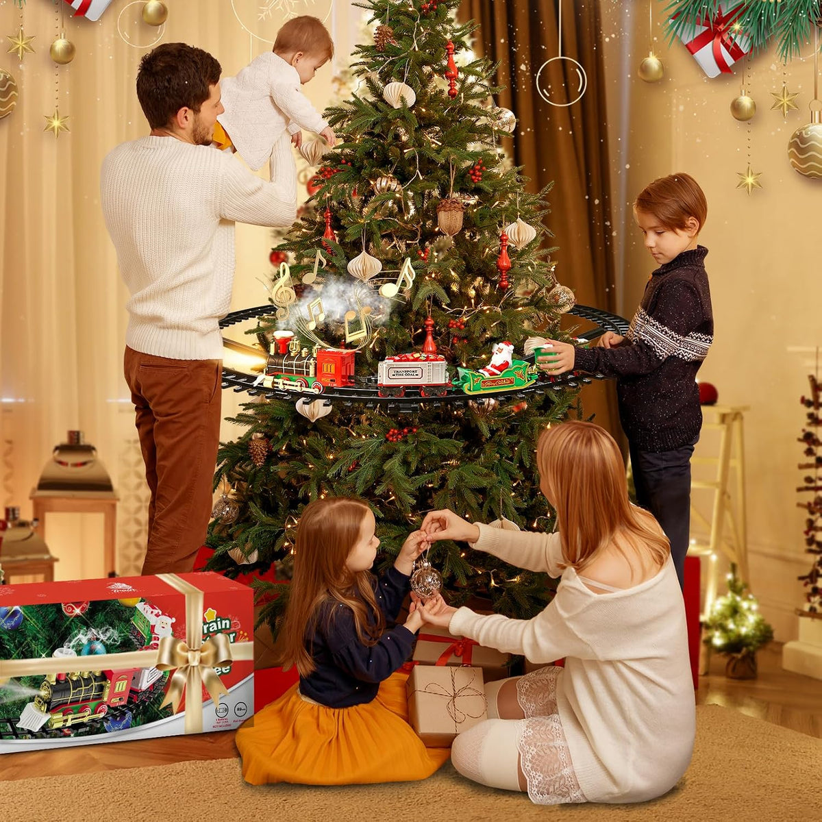 Christmas Train Set - Hanging Train Toys Around Under The Christmas Tree w/Smoke, Whistle (Turn on/Off) & Lights