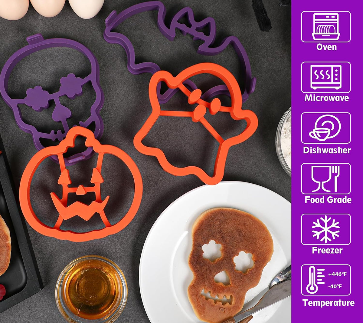 Halloween Silicone Pancake Molds for Skull, Ghost, Bat, and Pumpkin-Shaped Pancakes