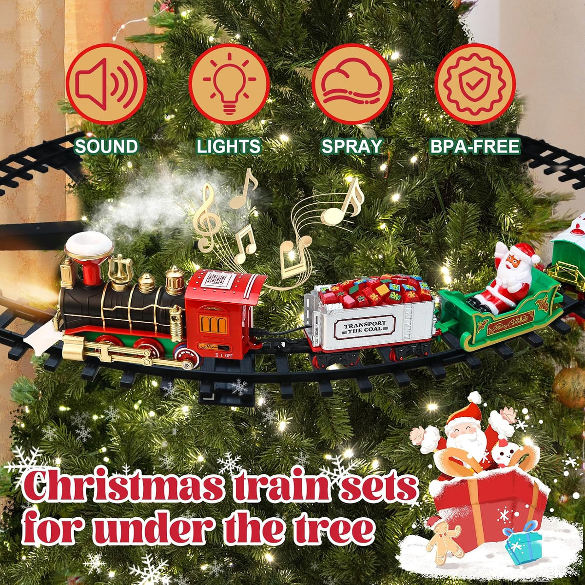 Christmas Train Set - Hanging Train Toys Around Under The Christmas Tree w/Smoke, Whistle (Turn on/Off) & Lights
