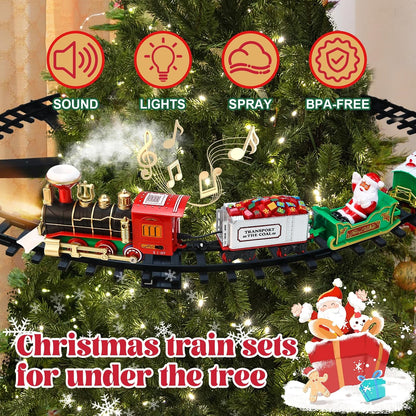 Christmas Train Set - Hanging Train Toys Around Under The Christmas Tree w/Smoke, Whistle (Turn on/Off) & Lights